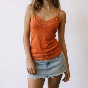 Y2K Wet Seal Orange Lace Trim Camisole Stretch Cotton Lace Hem Cami Top Small
